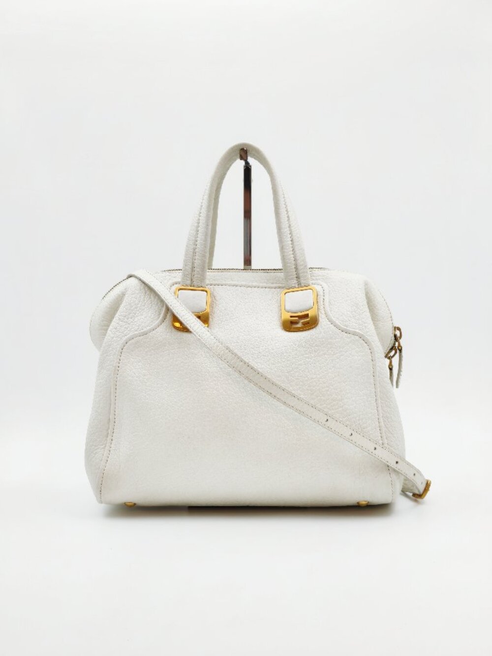 Fendi Vintage White Leather Boston Satchel Handbag Shoulder Bag